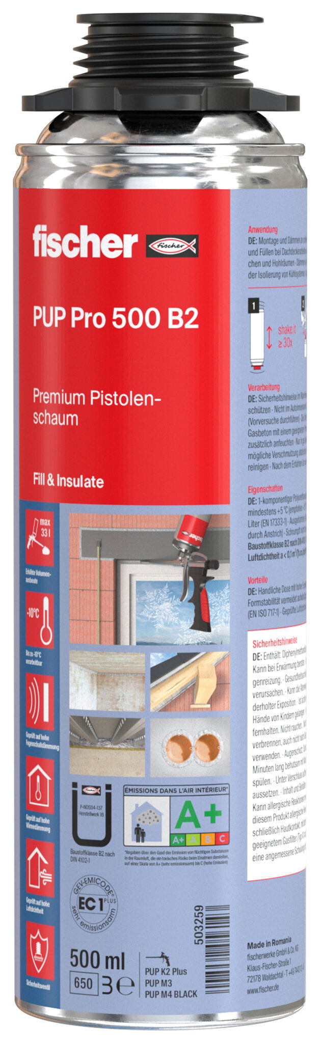 Fischer PUP Pro 500 B2 egykomponensű pisztolyhab, szürke, 500 ml termék fő termékképe